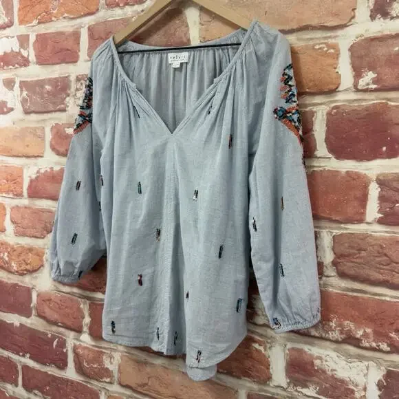 Anthropologie Velvet Graham & Spencer Top Women's Small Blue Boho Striped Shirt - Picture 3 of 10